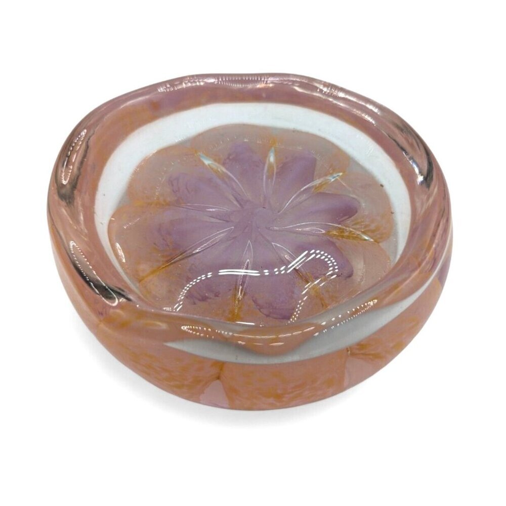 Vintage Hand Blown In Cased Flower Art Glass Dish Peach and Pink Thick Glass